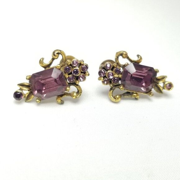 Vintage Coro Purple Rhinestone Clip On Earrings, Screw Back Gold Tone Setting - Picture 2 of 7